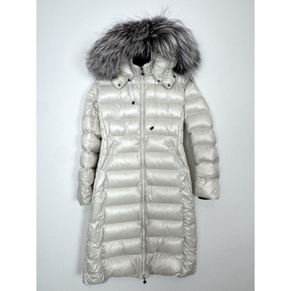 Snowman Down Puffer Coat Womens Small Pearl White Long Hood Fox Fur Trim